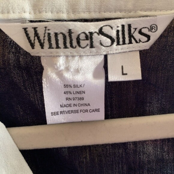 Wintersilks Womens Size Large Blue White Trim Silk Linen Blend Tunic Top Blouse - Picture 4 of 4